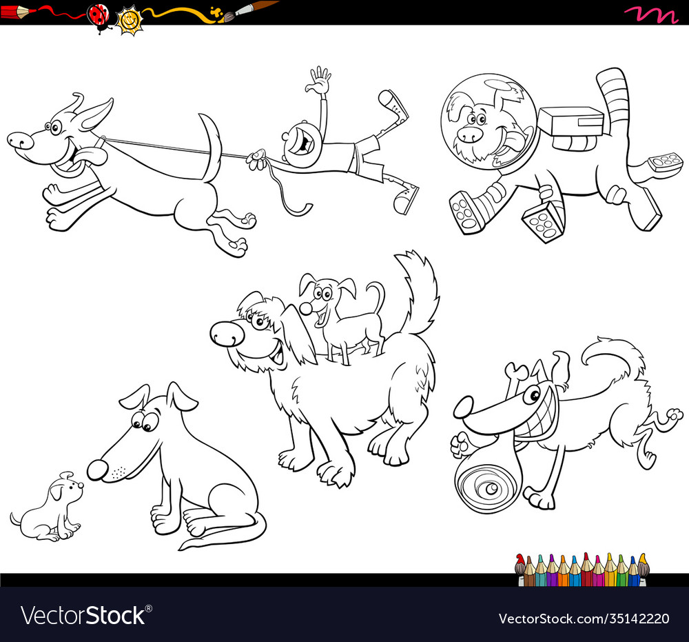 Cartoon Dogs Animal Characters Set Coloring Book Vector Image