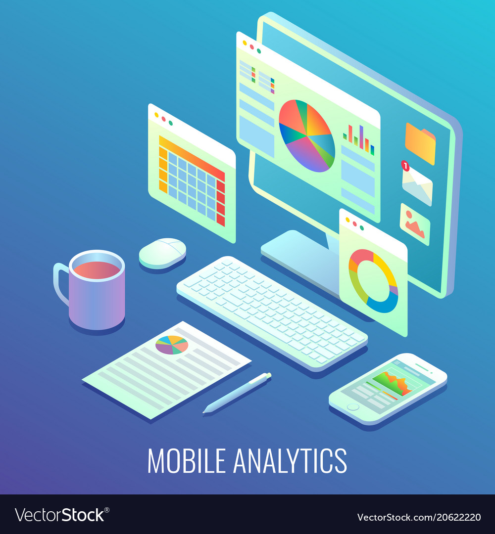 Mobile web analytics concept flat isometric Vector Image