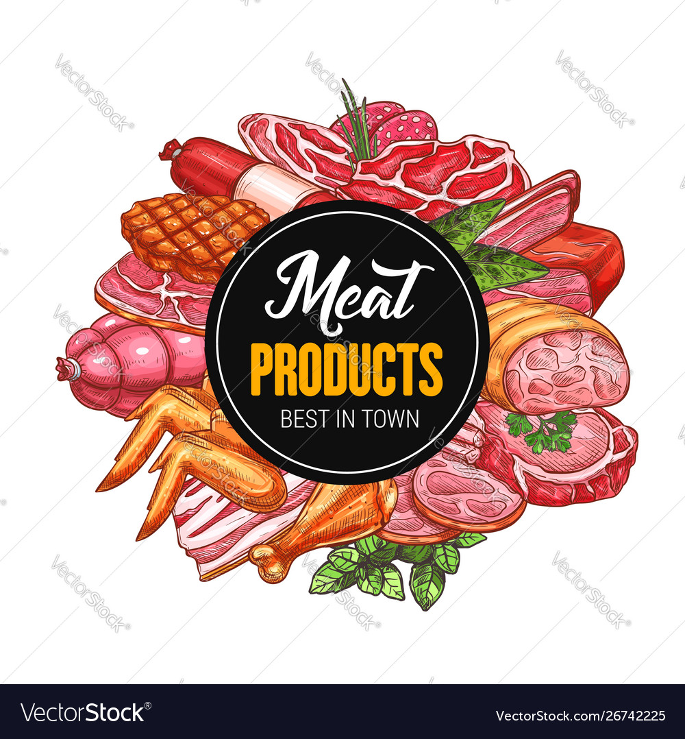 Meat food sausages salami bacon and ham Royalty Free Vector