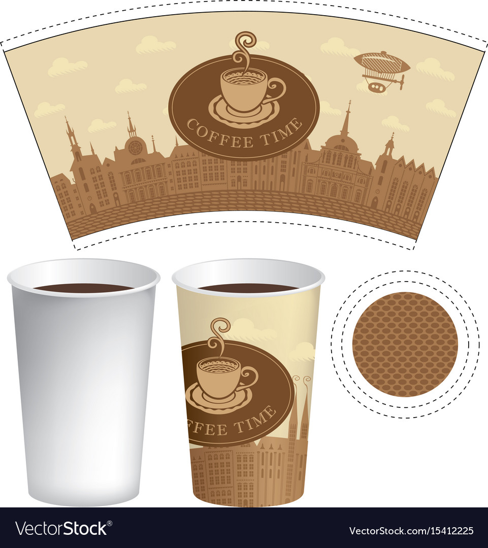 Template Paper Cup With Old Town And Coffee Cup Vector Image