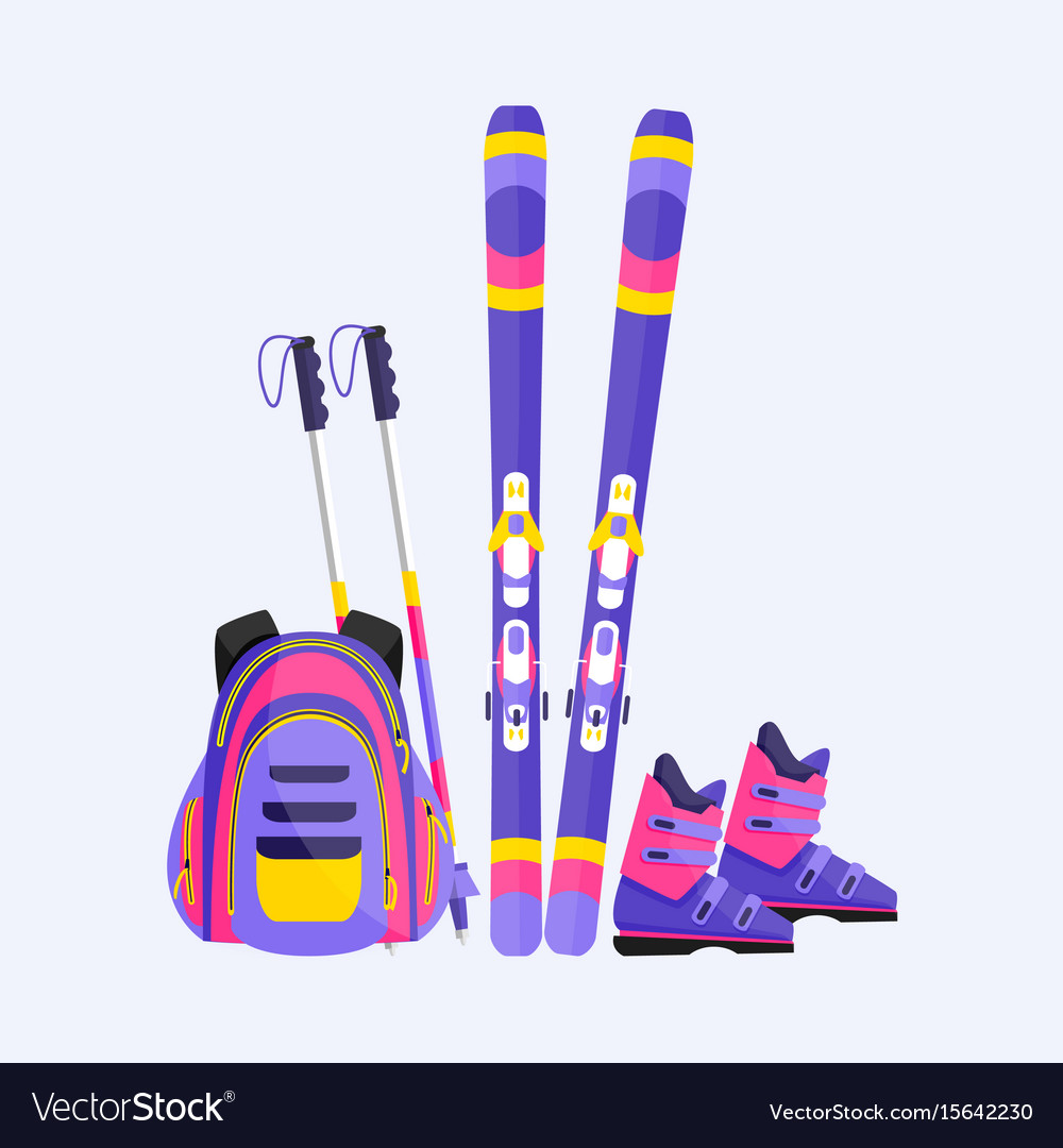 Skis poles boots and backpack winter sport