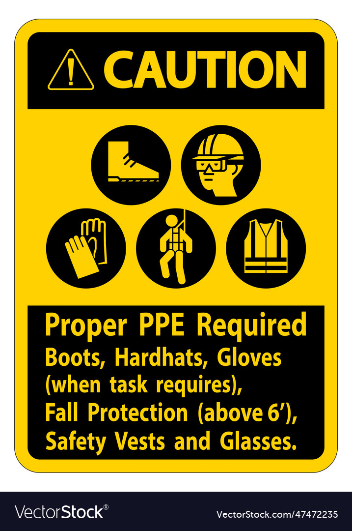 Caution sign proper ppe required boots hardhats Vector Image