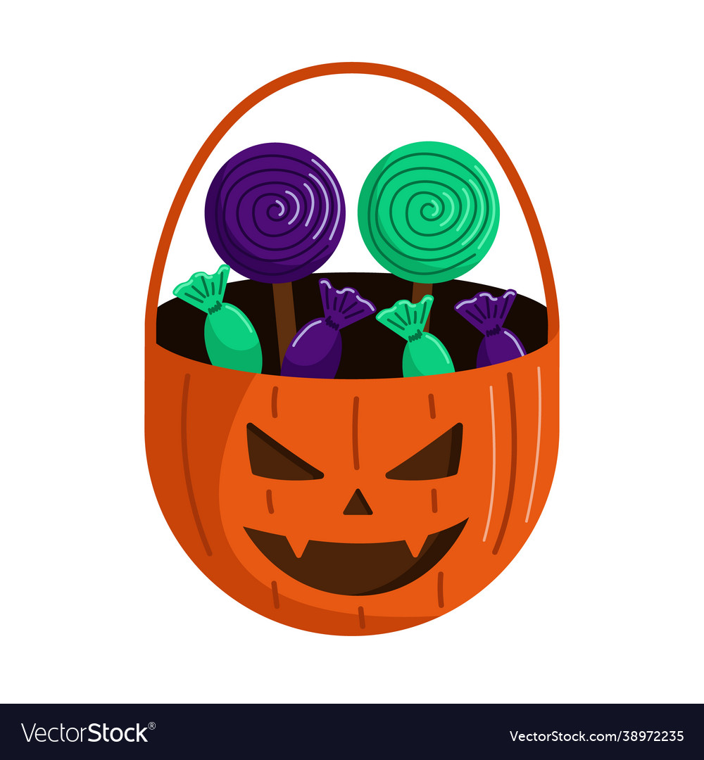 Halloween basket with sweets in flat style Vector Image