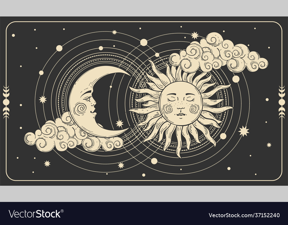 Sun And A Crescent Moon With A Face On A Black Vector Image