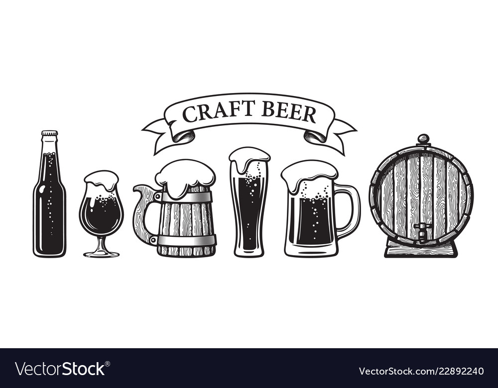 Vintage set of craft beer objects bottle glasses vector image Vintage set of craft beer objects bottle glasses