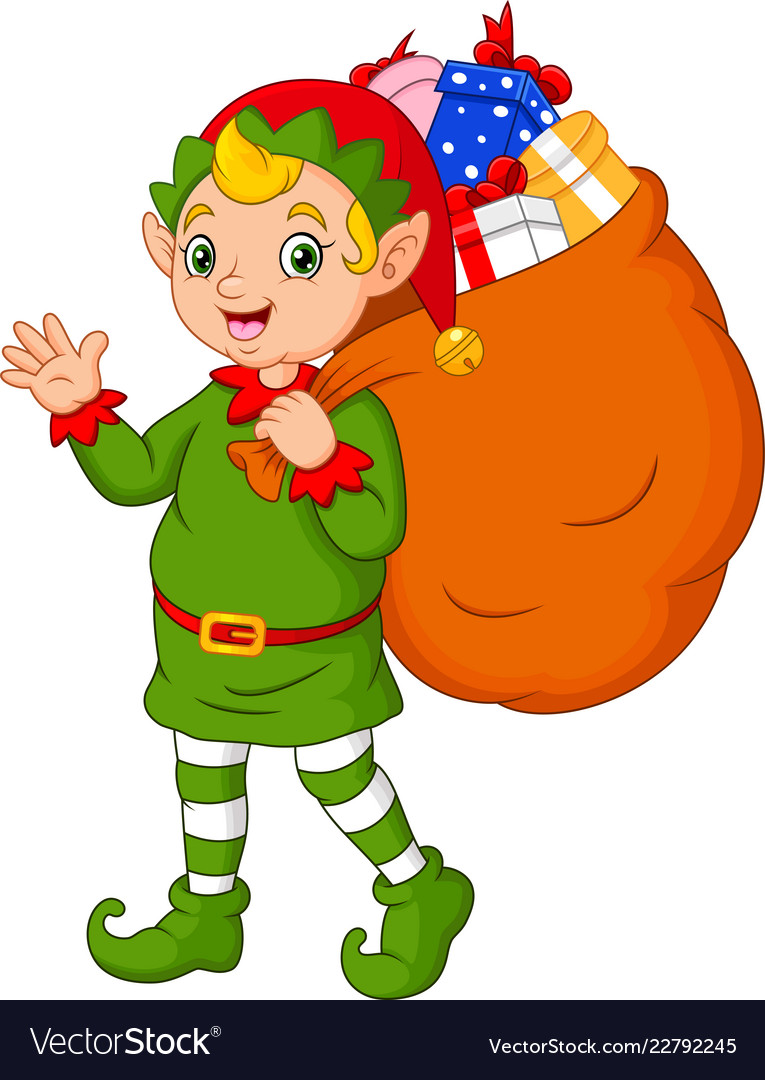 Cartoon christmas elf carrying a sack of gifts Vector Image