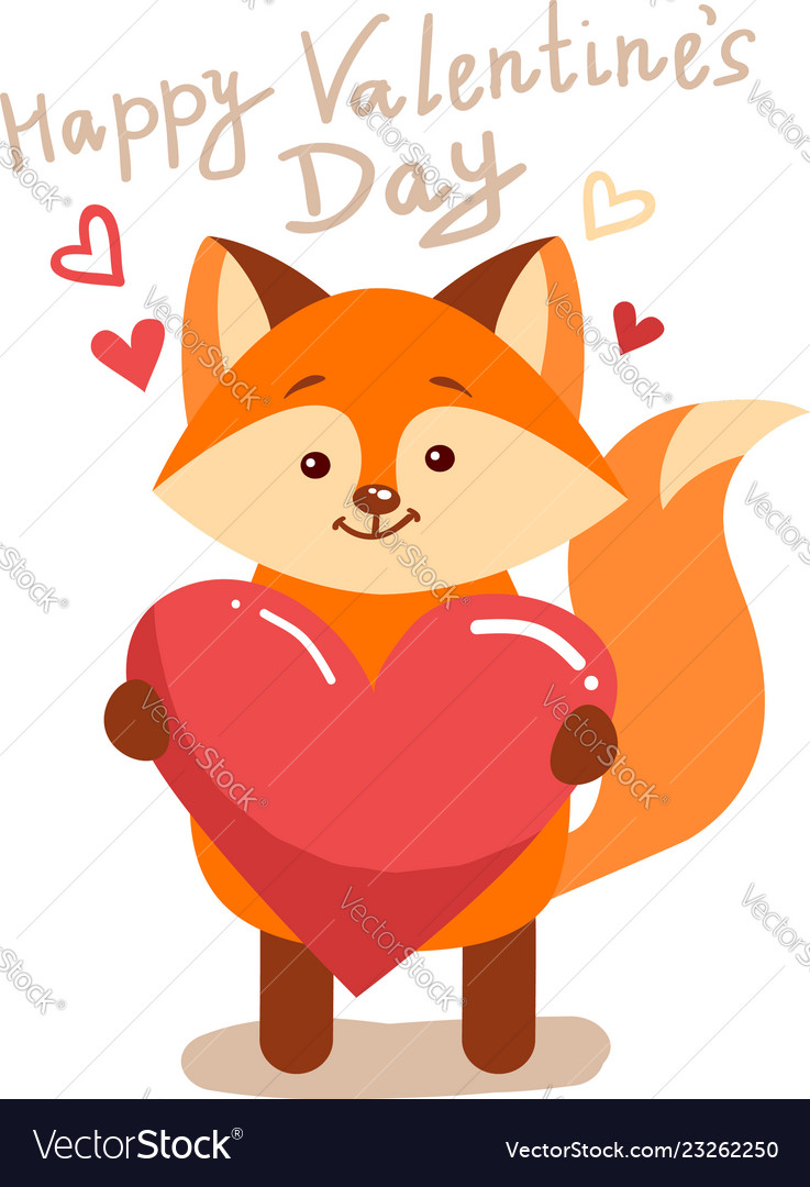 Cute cartoon lovely red fox with pink large heart