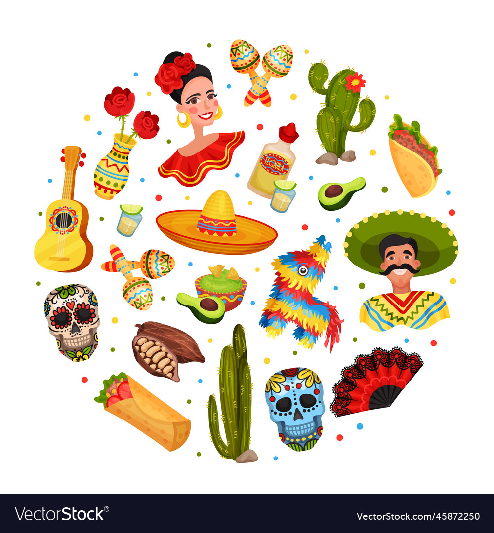 Ethnic mexican symbols round composition design Vector Image