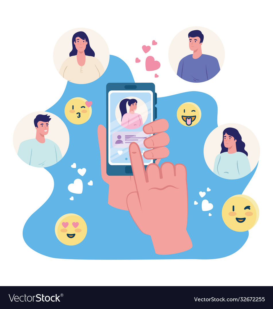 Hand holding smartphone chatting with woman Vector Image