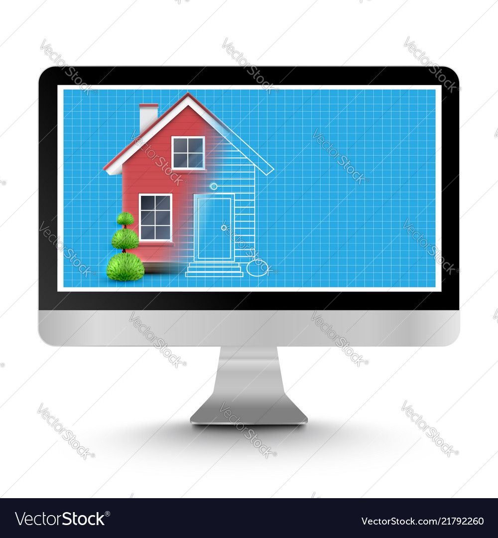 Realistic house with a blueprint on a computer vector image Realistic house with a blueprint on a computer