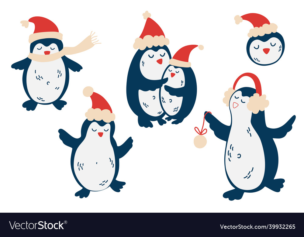 Cute penguins in christmas hats isolated set Vector Image