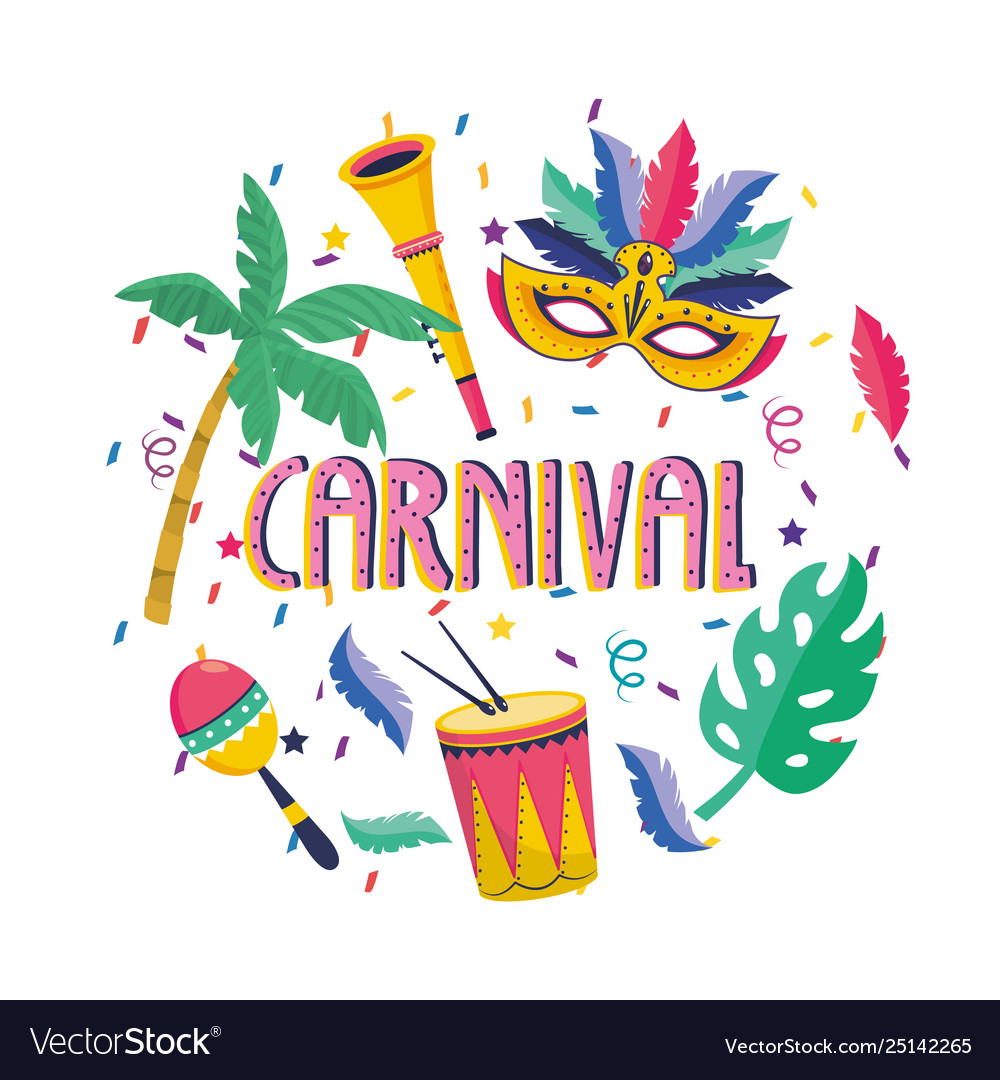 Mask with palm trees and trumpet with drum to Vector Image