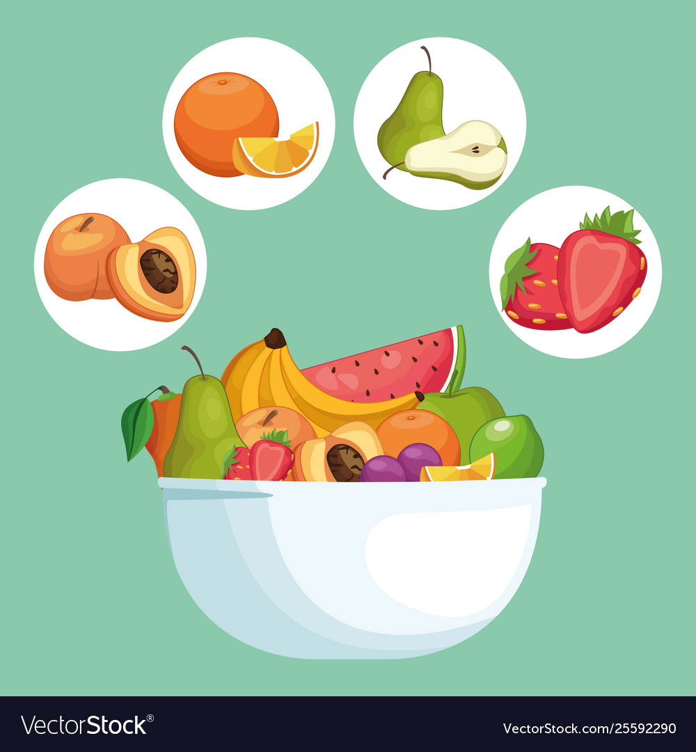 Delicious fruits in bowl cartoon Royalty Free Vector Image