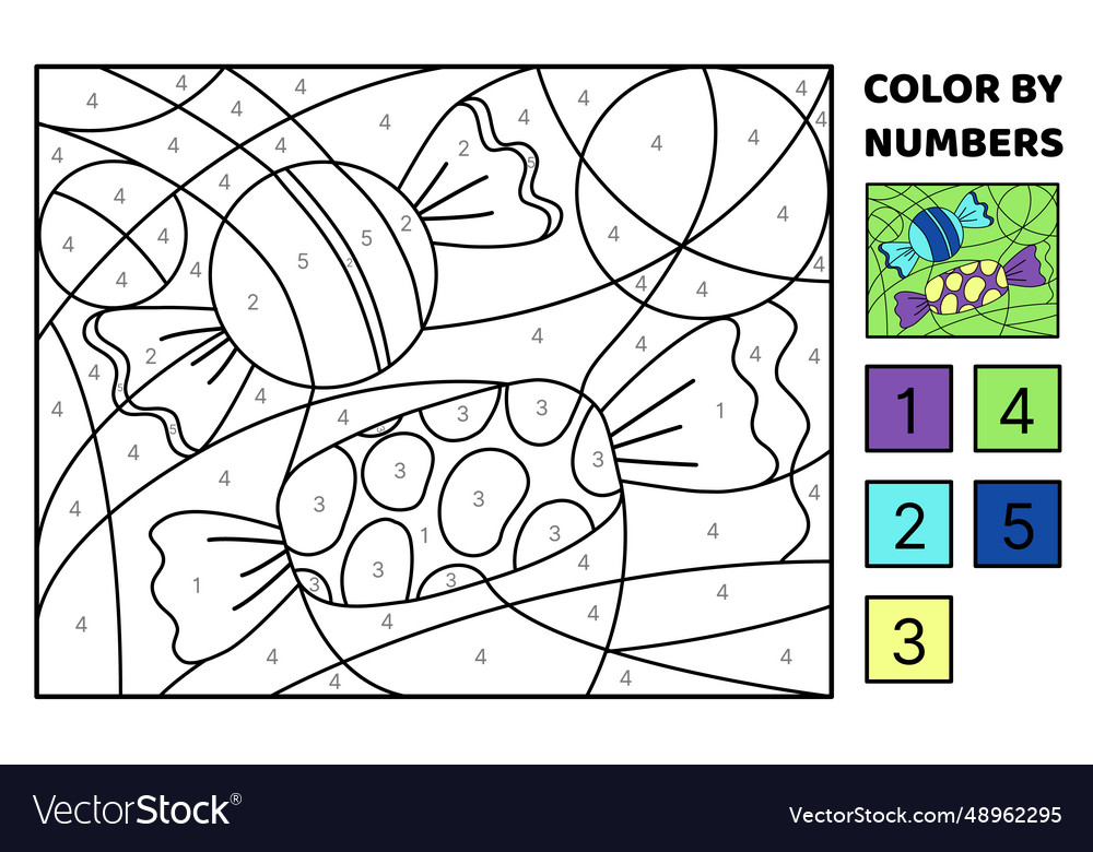 Candies color by number coloring page game Vector Image