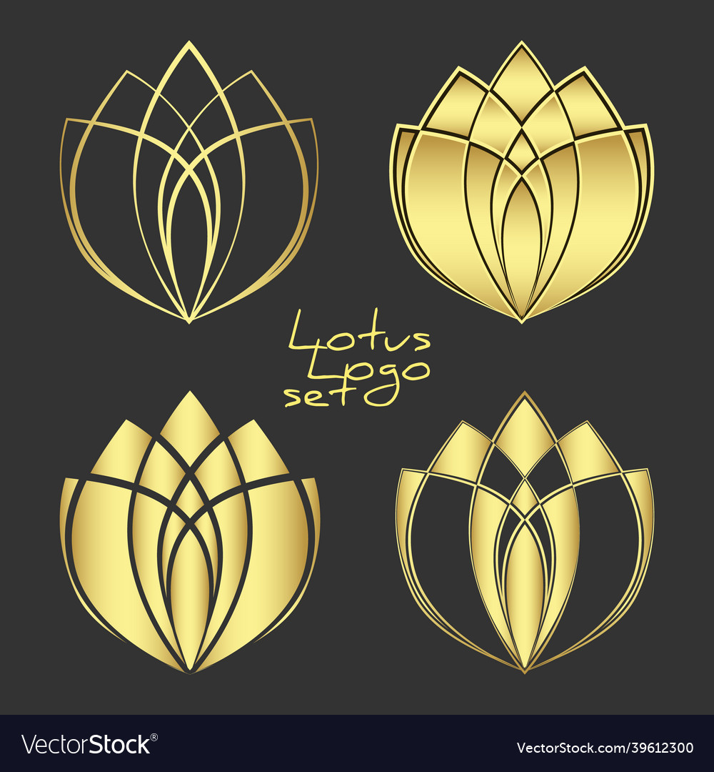 Set of golden lotus symbols in outline silhouette vector image Set of golden lotus symbols in outline silhouette