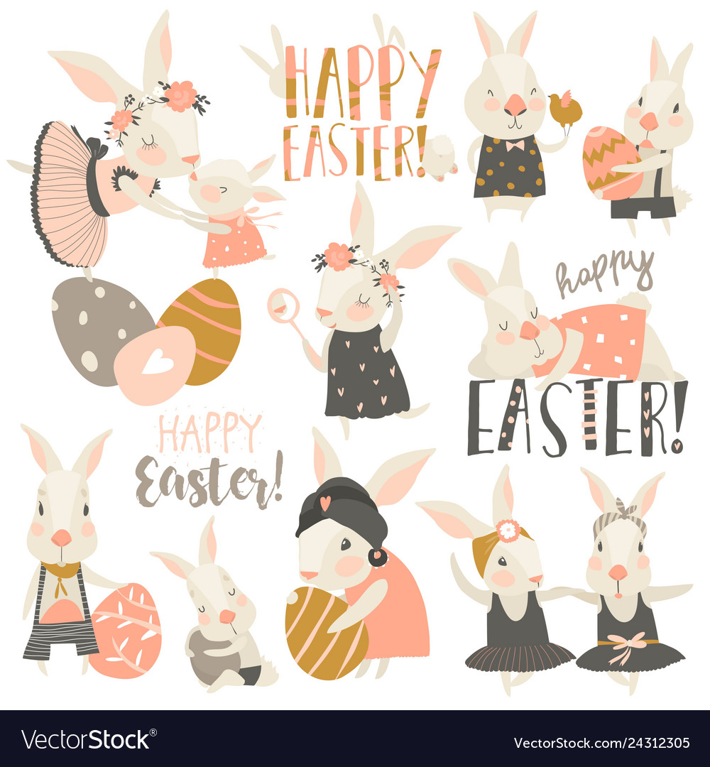 Cute rabbit and bunny with easter eggs vector image Cute rabbit and bunny with easter eggs