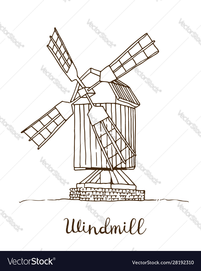 Windmill drawing hand drawn sketch mill Royalty Free Vector