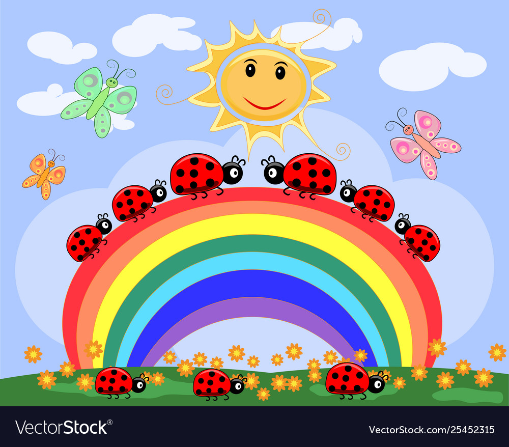 A family ladybirds creeps along seven-color Vector Image