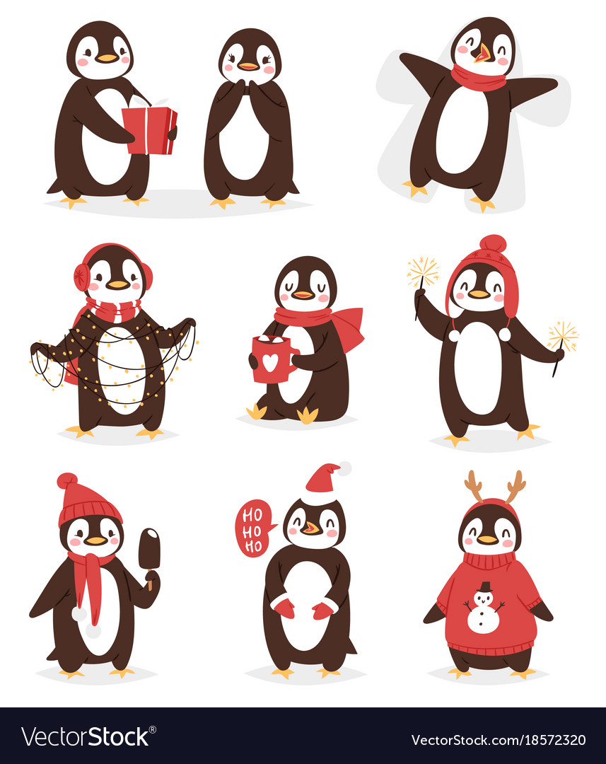 Christmas cute penguin character cartoon Vector Image