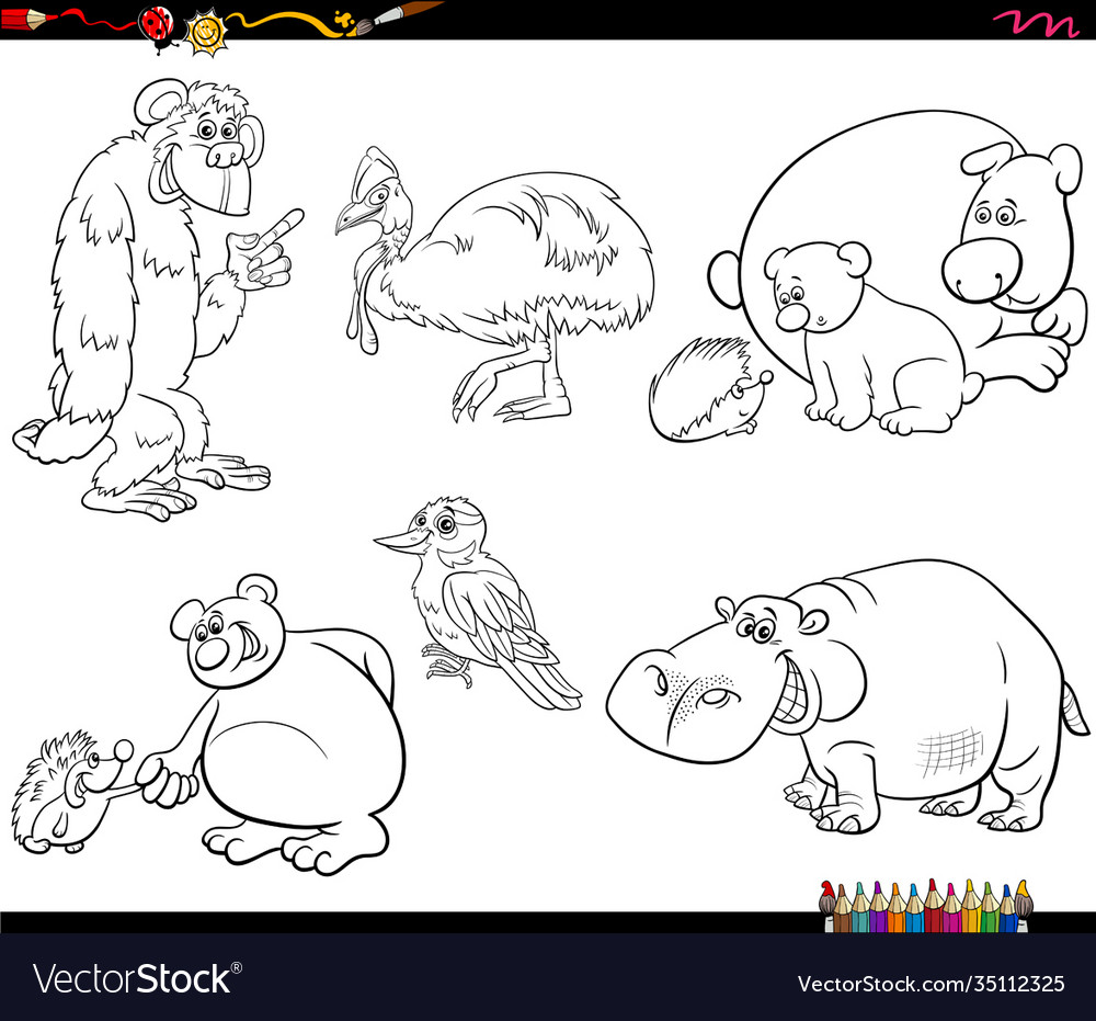 Cartoon animal characters set coloring book page Vector Image