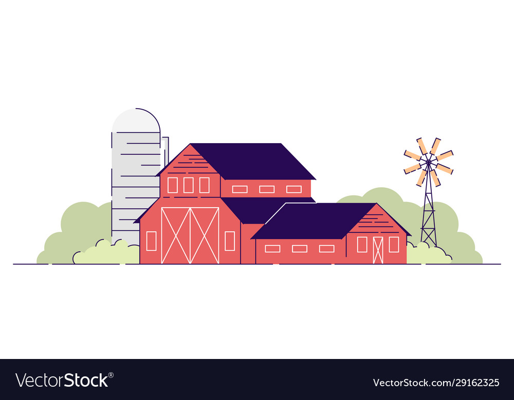 Farm Barns Flat Village Farmland Red Rural Ranch Vector Image