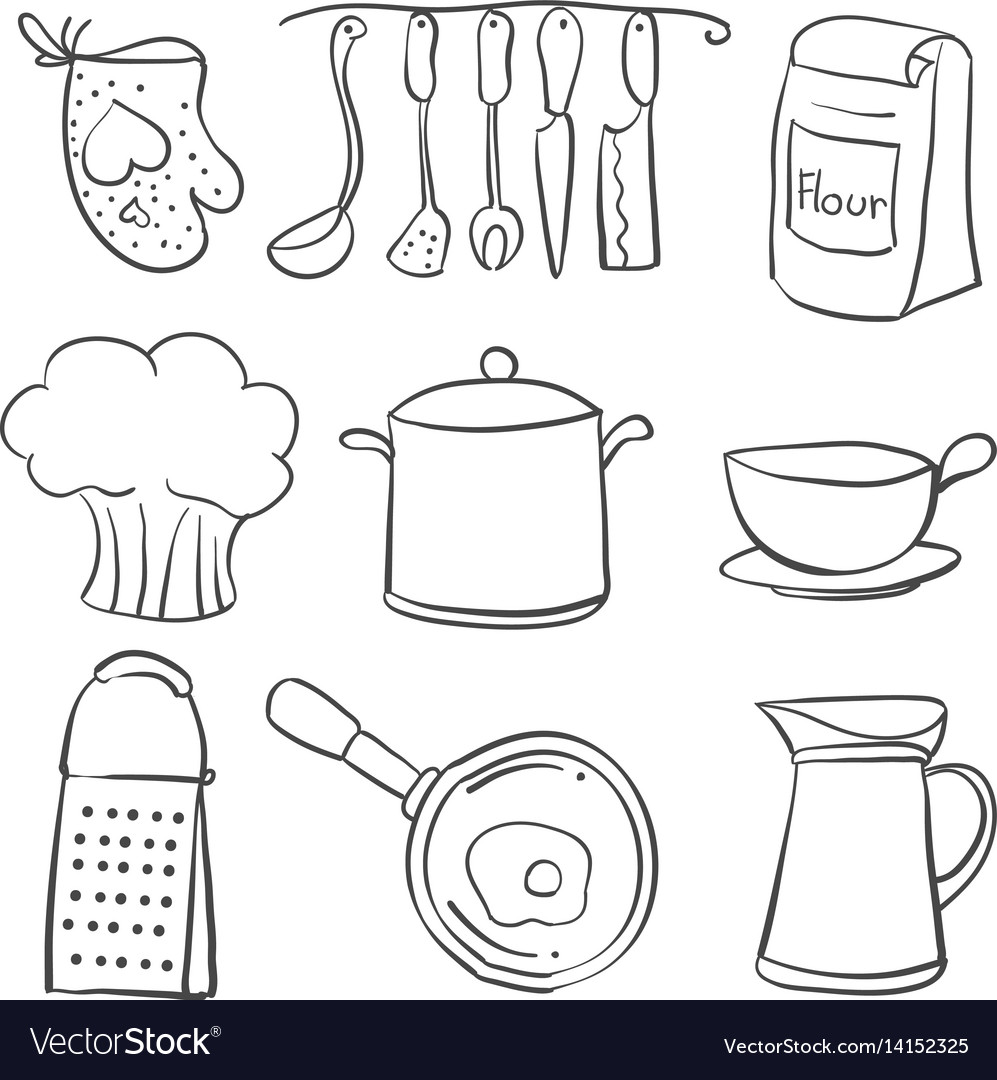 Kitchen equipment set doodle style Royalty Free Vector Image