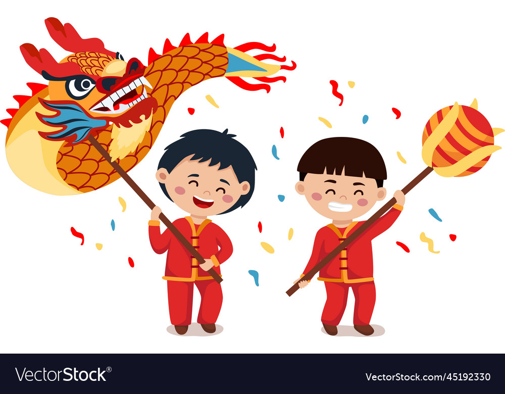 Chinese new year festival two little boys dancing Vector Image