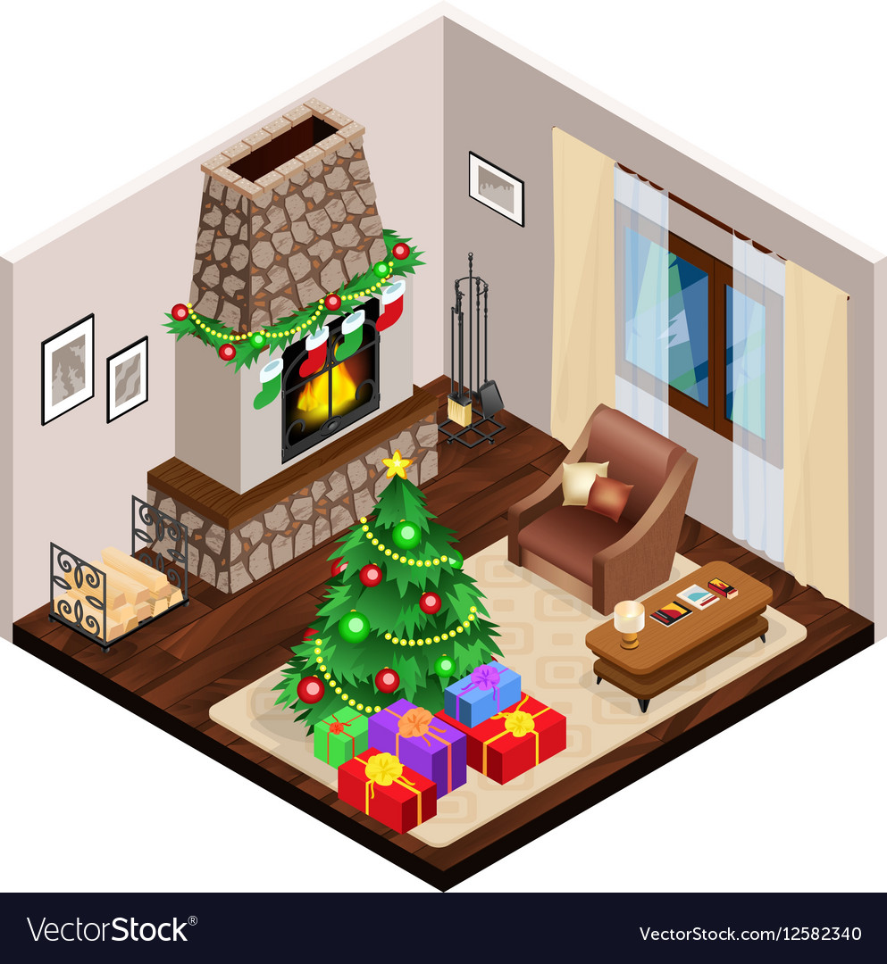 Isometric lounge christmas interior with fireplace