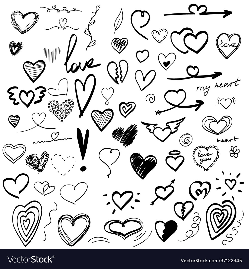 Large set hand-drawn heart drawings valentine Vector Image