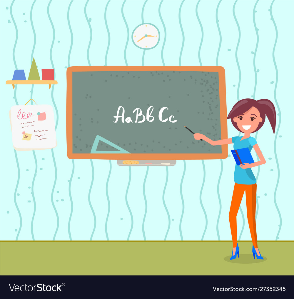 Teacher with pointer near chalkboard with alphabet