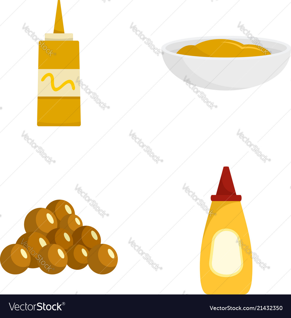 Mustard Seeds Sauce Bottle Icons Set Flat Style Vector Image