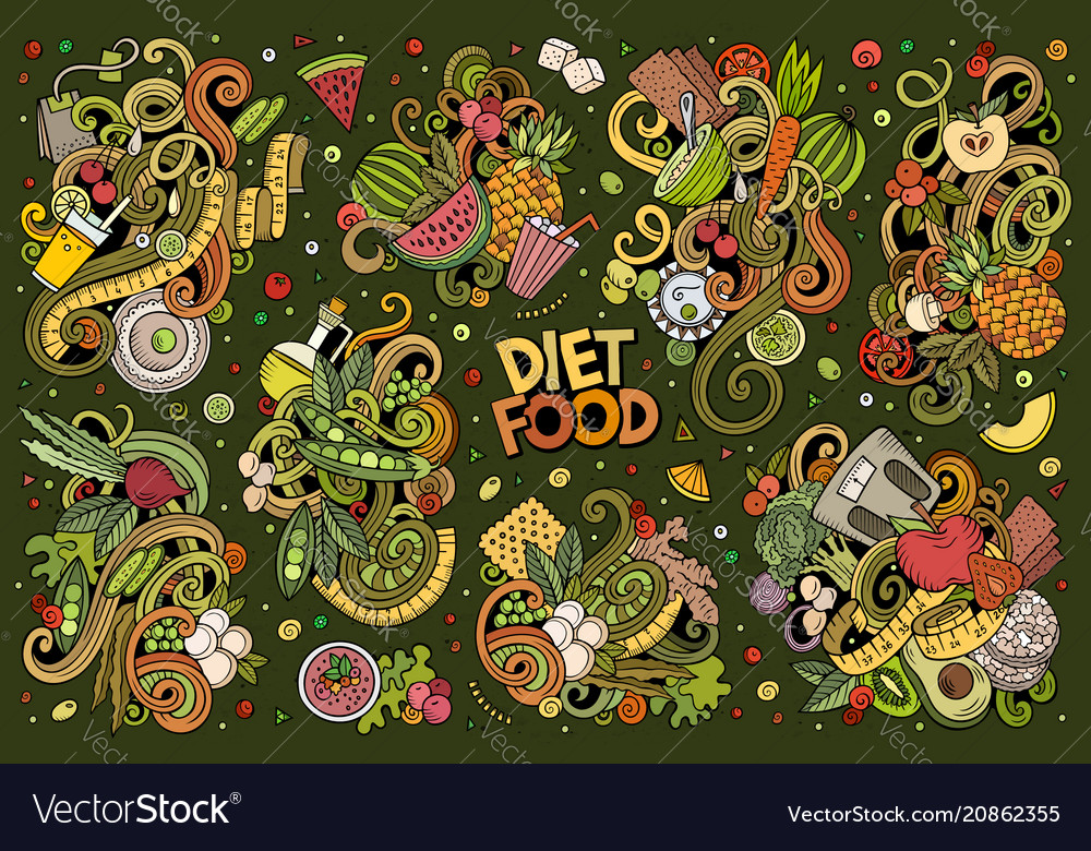 Doodles cartoon set of diet food vector image Doodles cartoon set of diet food