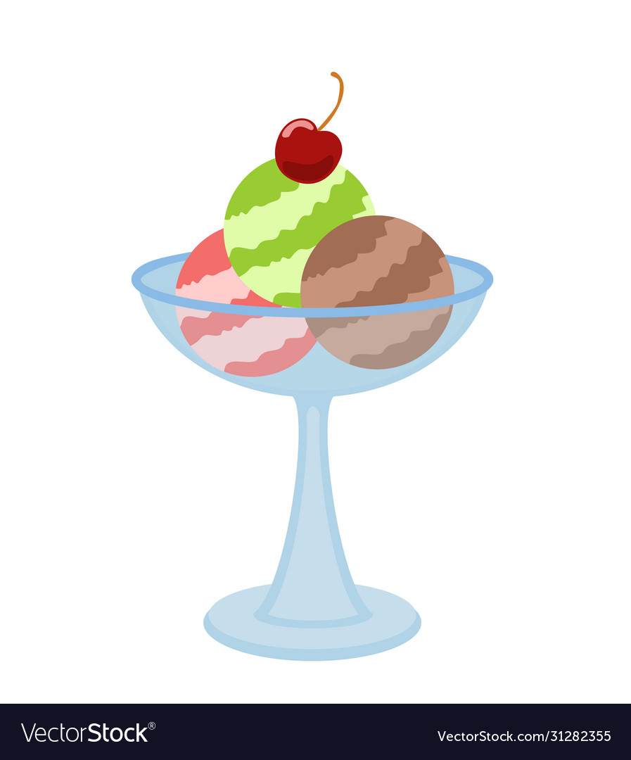 Ice cream balls in a vase and cherry flat Vector Image