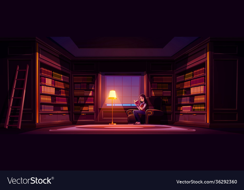 Girl reads book in old luxury library at night Vector Image