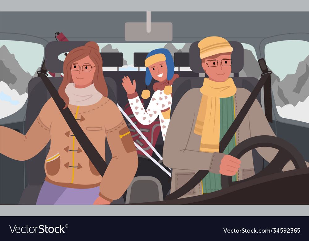 Parents and kid in car winter road trip Royalty Free Vector