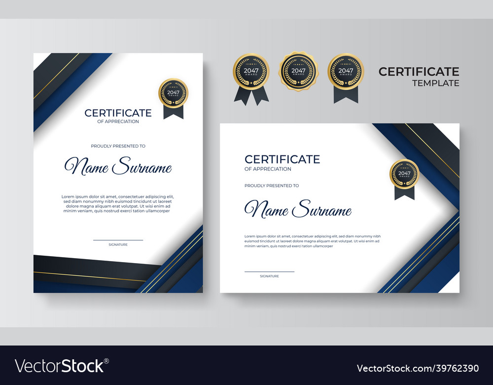 Premium gold and blue certificate of appreciation Vector Image