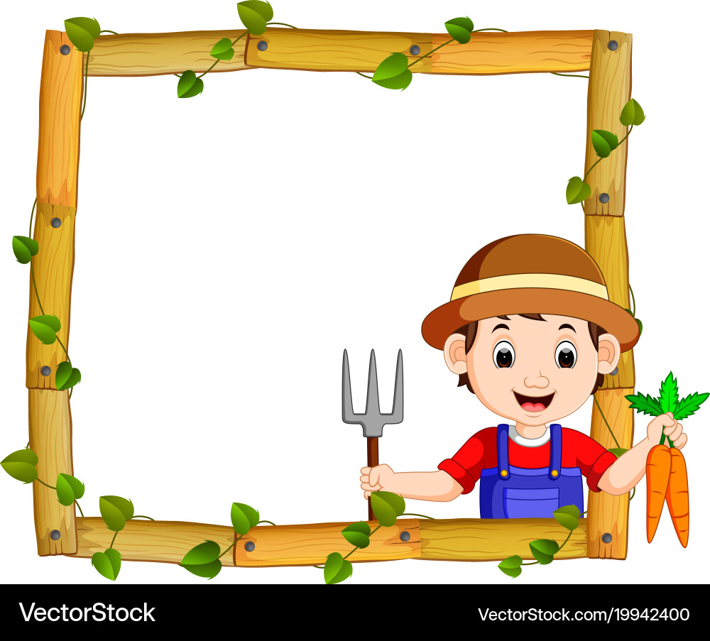 Farmer on wood frame with roots and leaf Vector Image