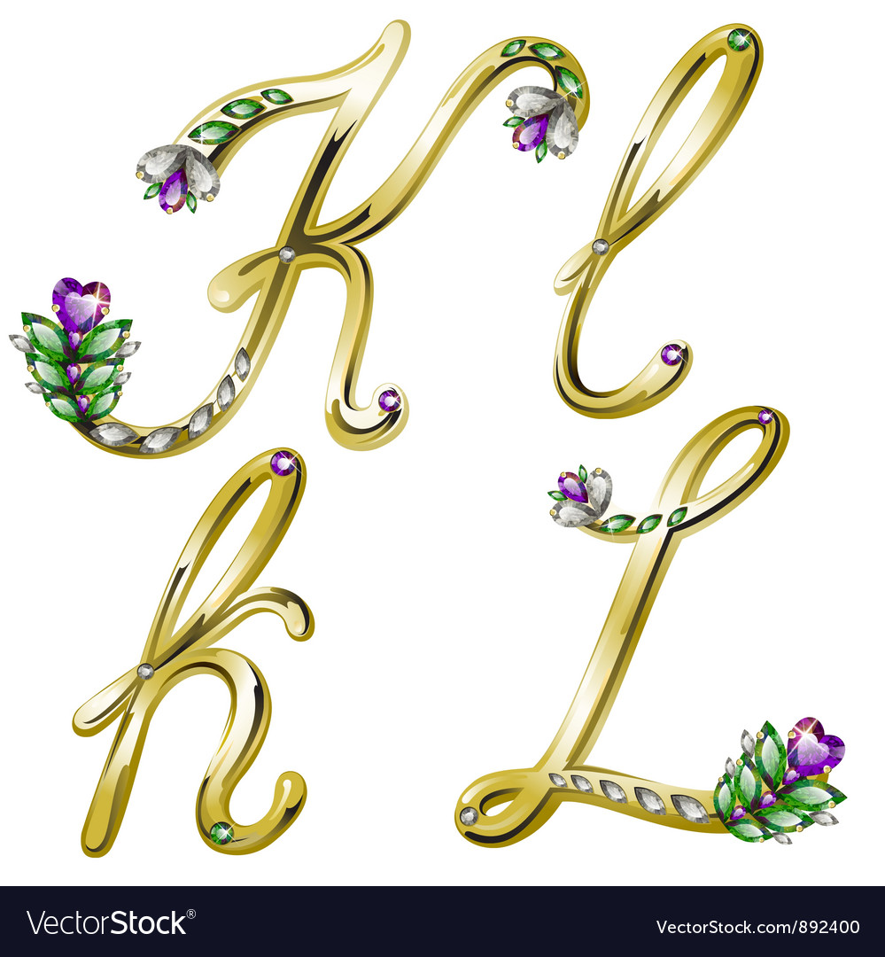 Gold alphabet with diamonds and gems letters kl Vector Image