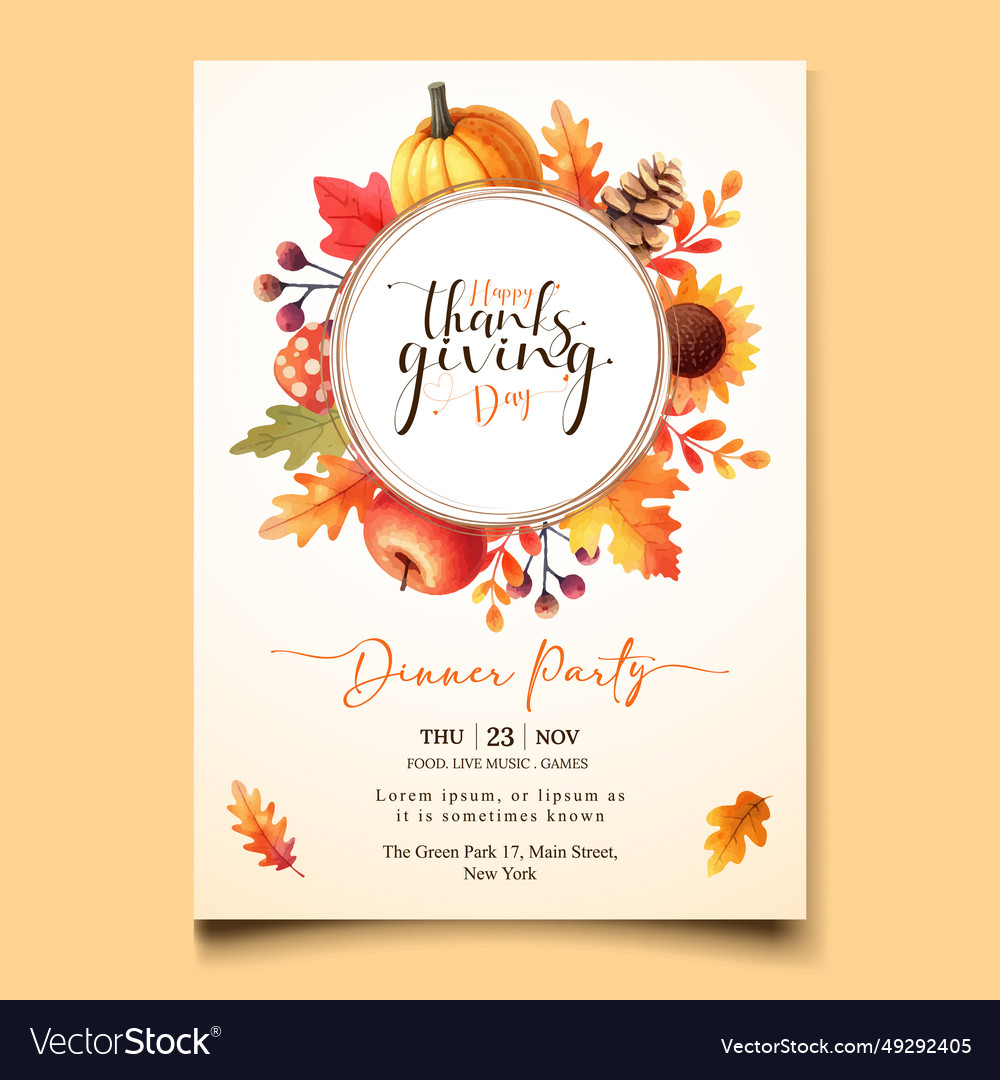 Watercolor invitation template for thanksgiving Vector Image