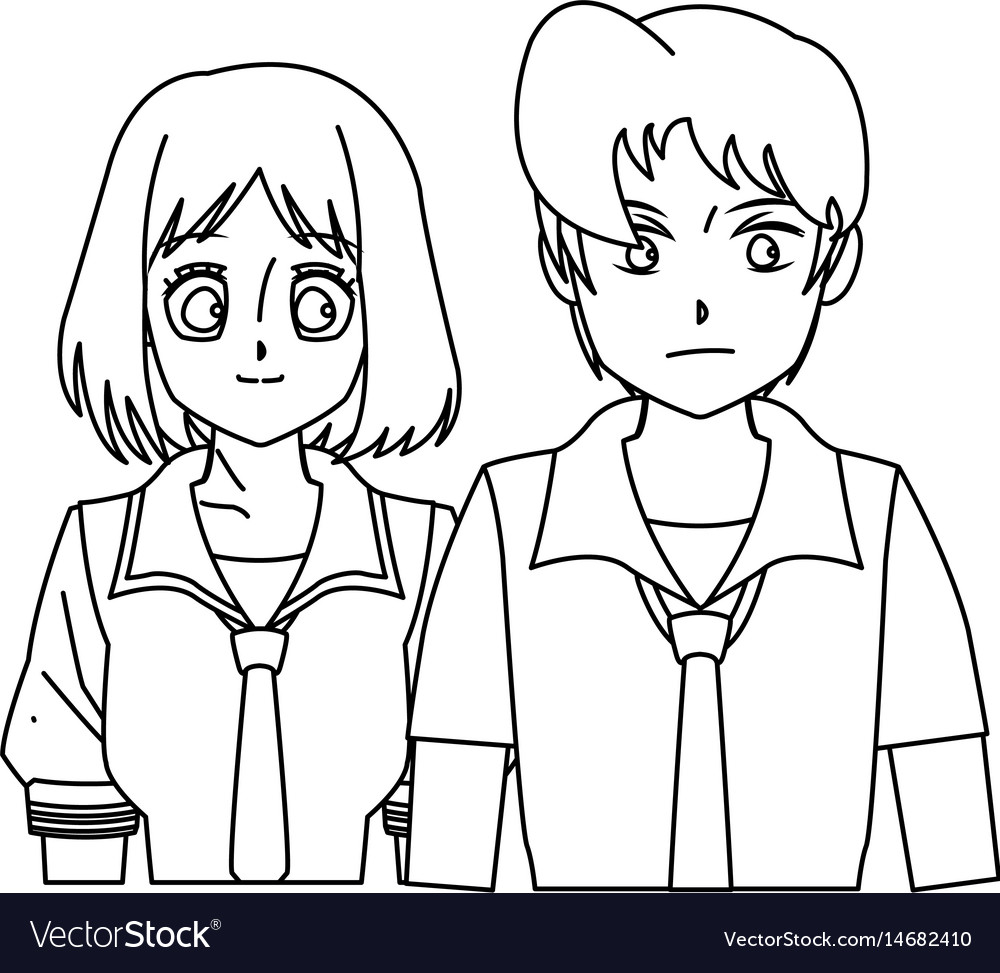 Students Girl And Boy Anime Cartoon Outline Vector Image