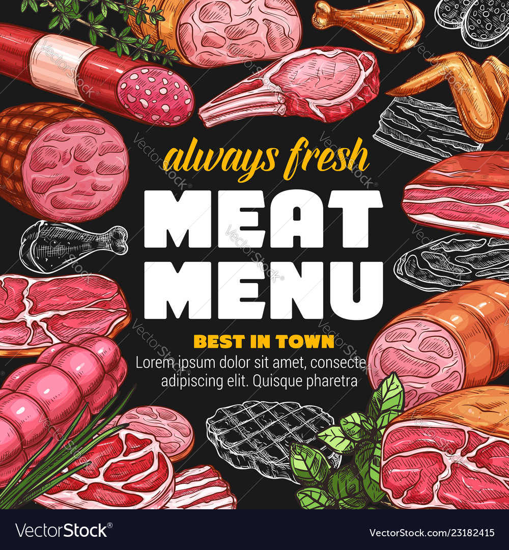 Butcher shop meat sausages sketch menu Royalty Free Vector