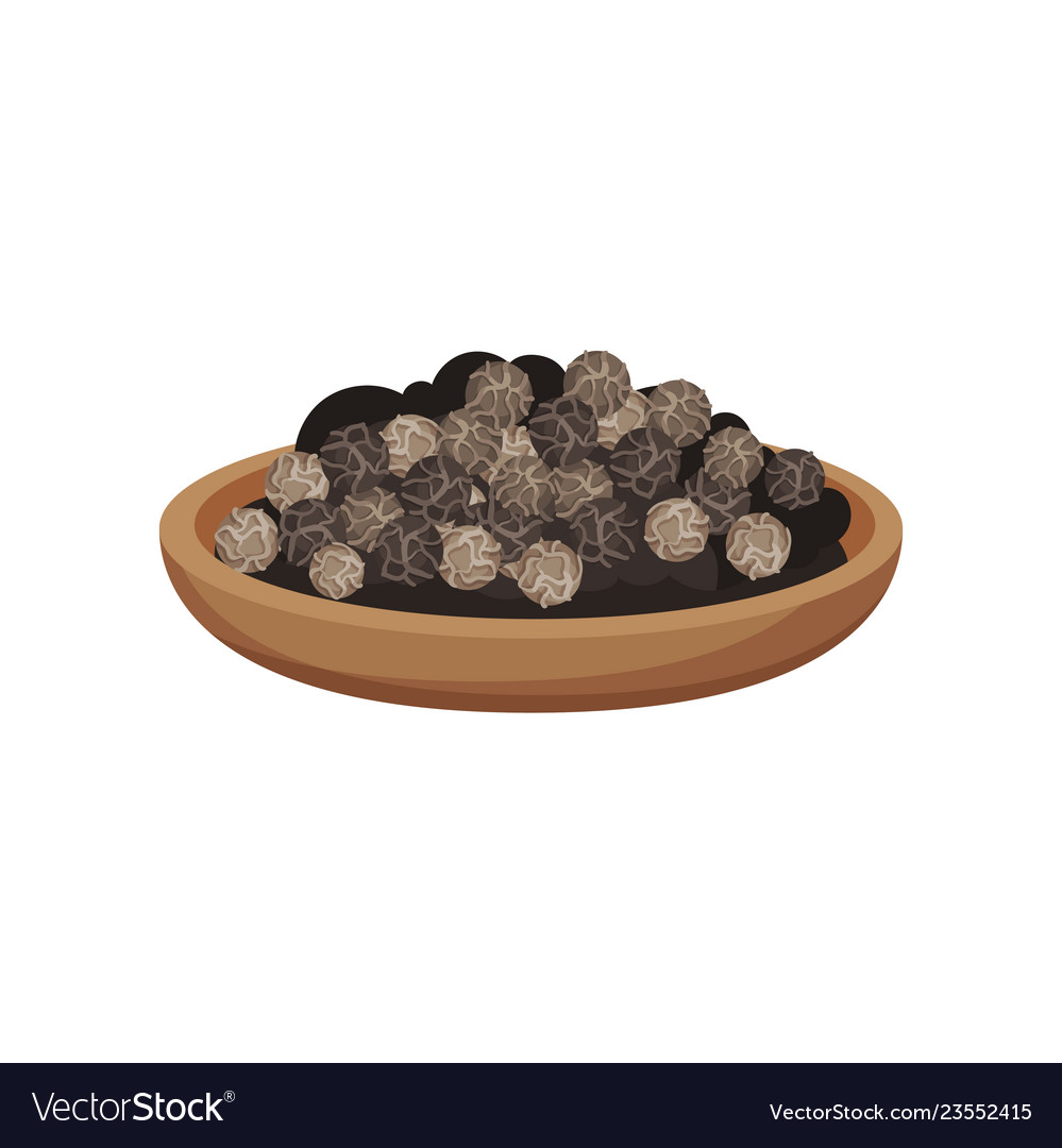 Dried black pepper in wooden bowl aromatic