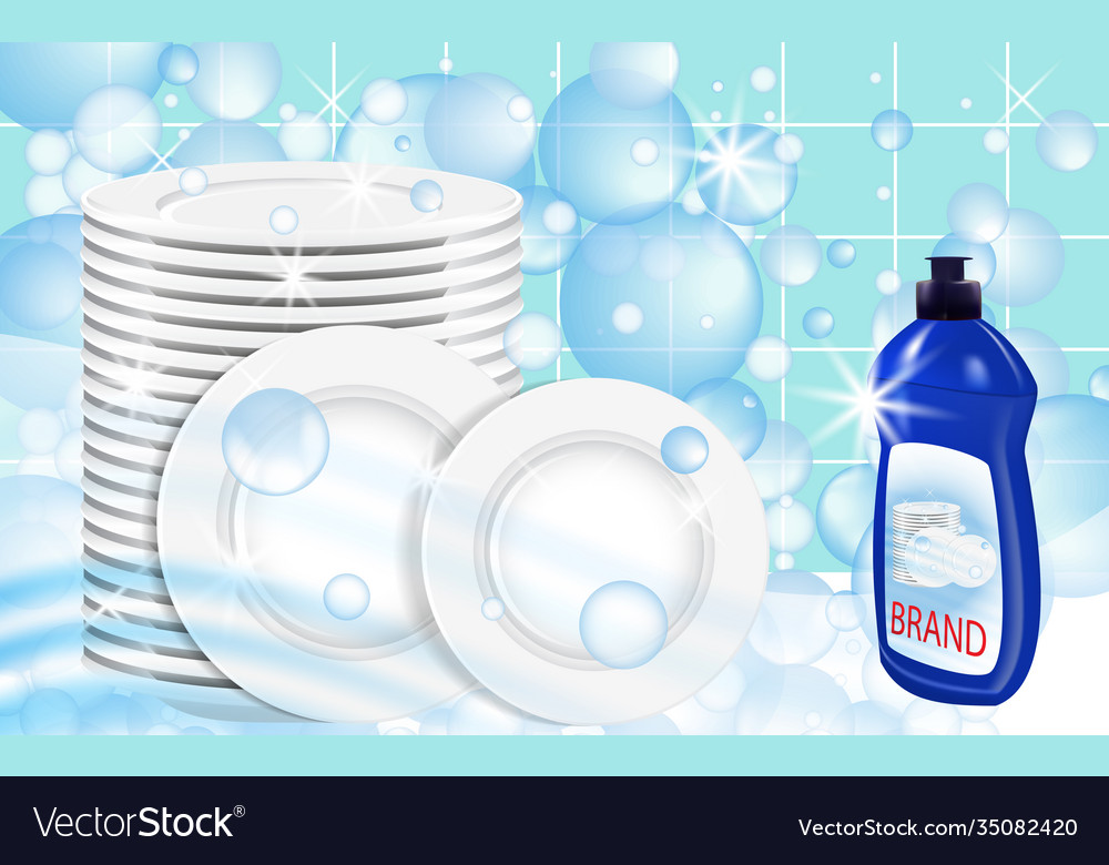 Dishwashing liquid products with plates stack Vector Image