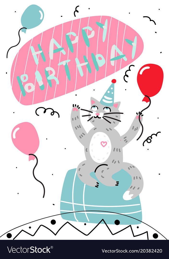 Happy birthday card cartoon cat Royalty Free Vector Image