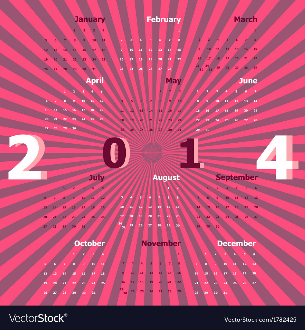 Create calendar 2014 on rays background Royalty Free Vector