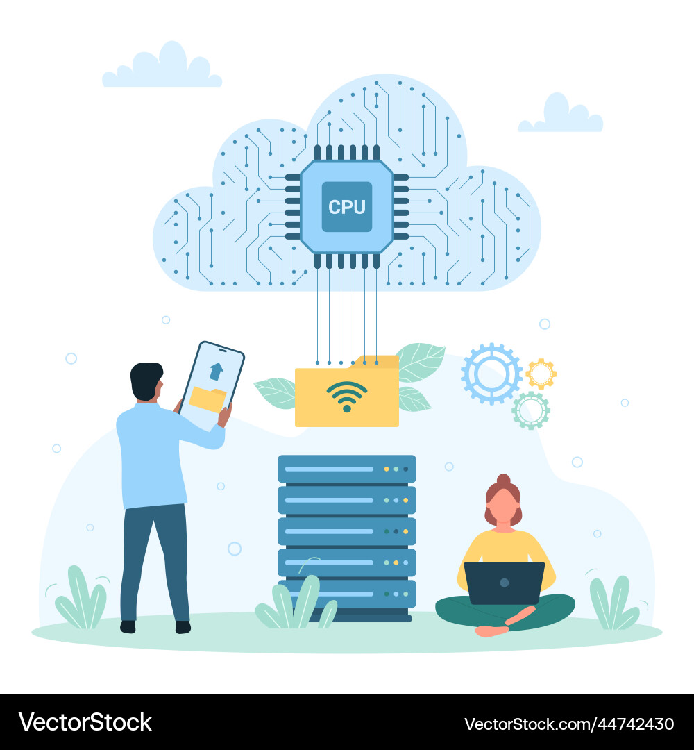 Cloud data storage tiny people upload folder Vector Image