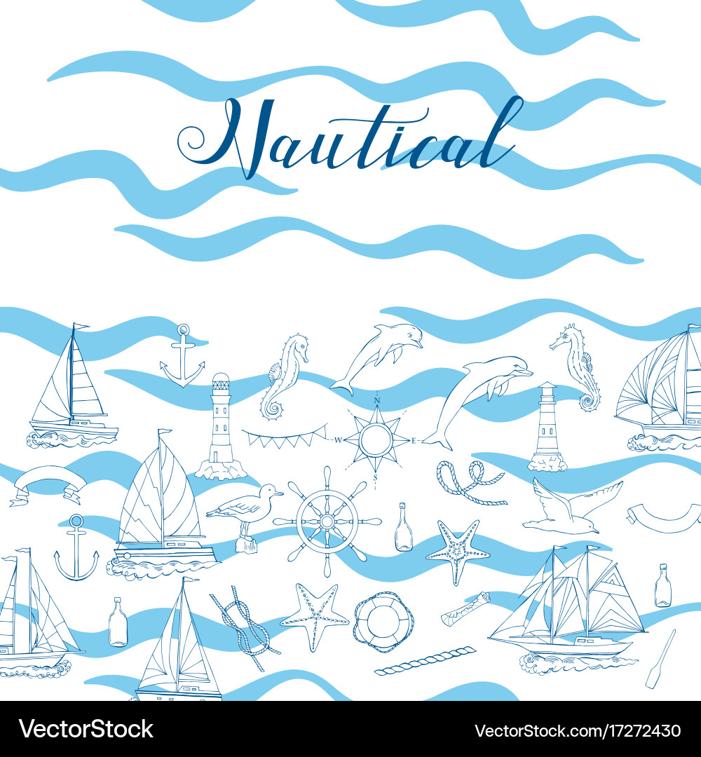 Nautical background hand drawn elements Royalty Free Vector
