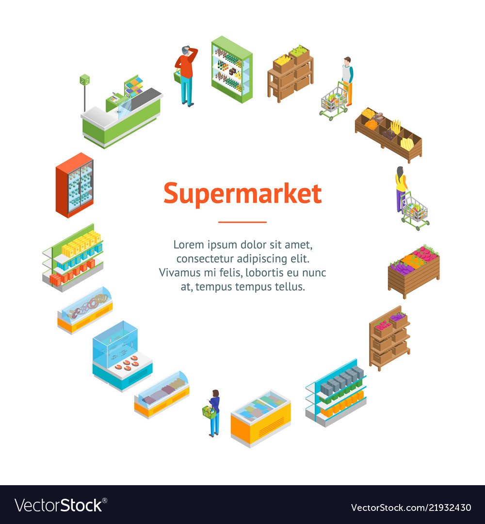 Supermarket or shop banner card circle isometric