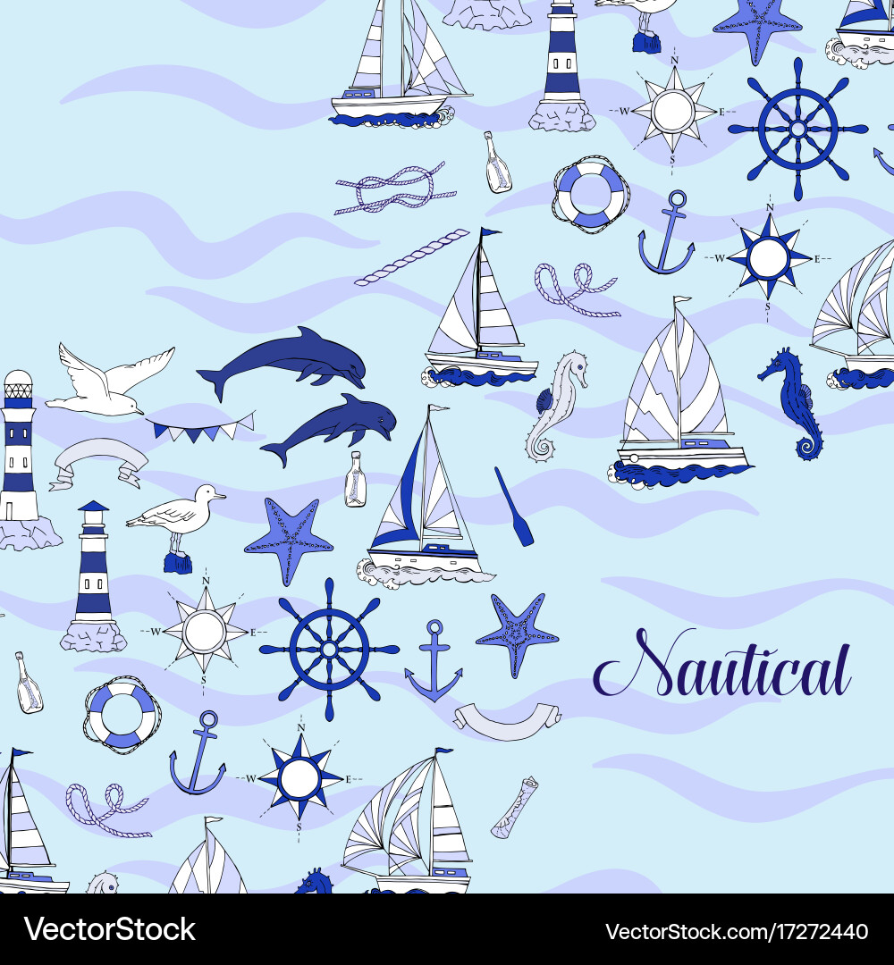 Nautical background hand drawn elements Royalty Free Vector