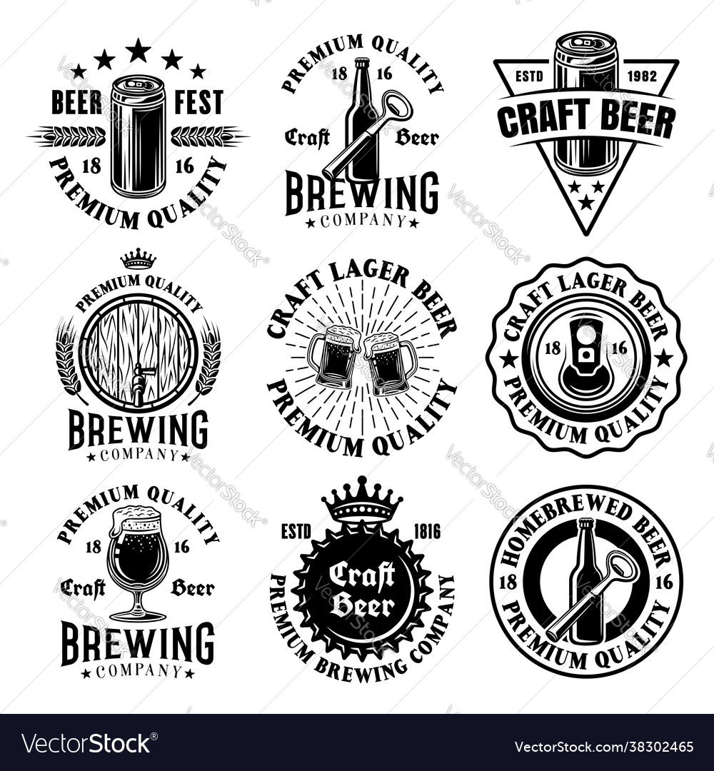 Beer and brewery set nine monochrome Royalty Free Vector